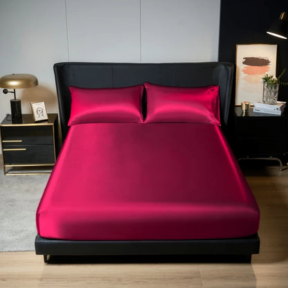Kuup 100%Polyester 3pcs satin surface Bedding Fitted Sheet and pillowcases Set Elastic Band Around Mattress Cover King Bed Cover