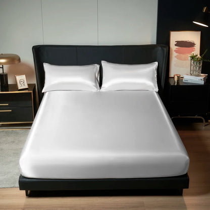 Kuup 100%Polyester 3pcs satin surface Bedding Fitted Sheet and pillowcases Set Elastic Band Around Mattress Cover King Bed Cover