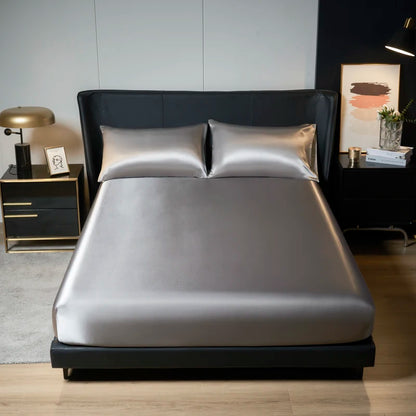 Kuup 100%Polyester 3pcs satin surface Bedding Fitted Sheet and pillowcases Set Elastic Band Around Mattress Cover King Bed Cover