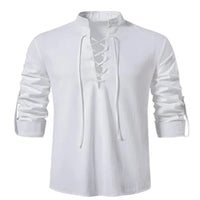 2022 New Men's V-neck shirt T-shirt Fashion Vintage Thin Long Sleeve Top men Casual Breathable  Front Lace Up man Shirts