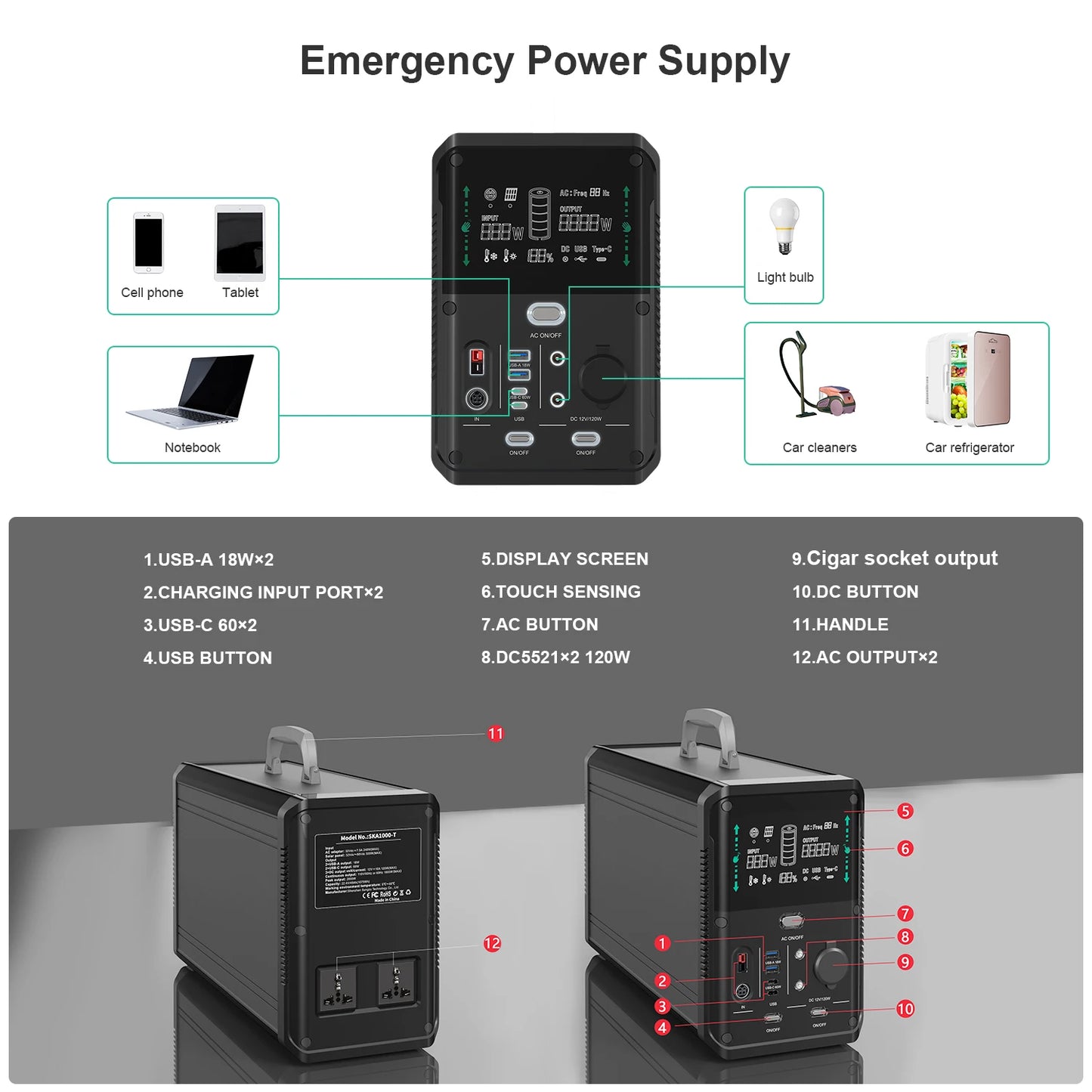 Portable Solar Power Station 1500W 1000W 110V 120V 220V AC Output Home Generator With LiFePO4 Battery Pure Sine Wave Power Bank