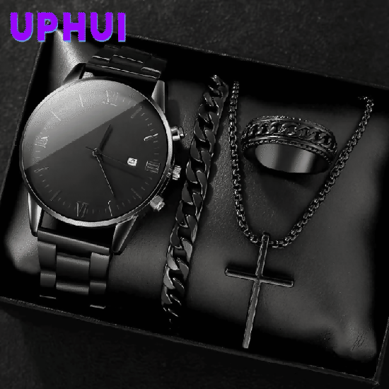Men's 4-in-1 Watch and Jewelry Set Black Calendar Watch Rings Bracelet Necklace Titanium Steel Cross