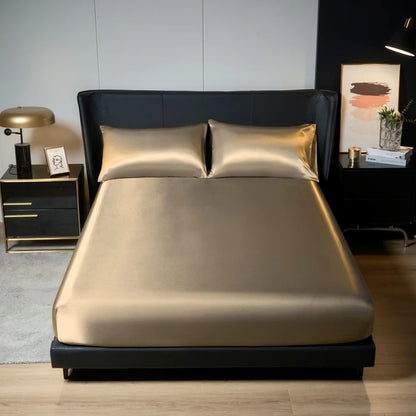 Kuup 100%Polyester 3pcs satin surface Bedding Fitted Sheet and pillowcases Set Elastic Band Around Mattress Cover King Bed Cover