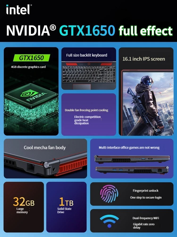 2024 New Gaming Laptop Computer Intel Core i9-10885H i7 10870H GTX1650 4G 16.1 Inch IPS Screen RAM Max 64GB 2*DDR4 2*M.2 NVMe