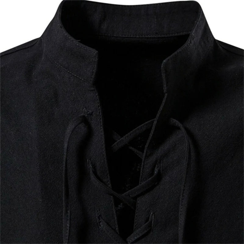 2022 New Men's V-neck shirt T-shirt Fashion Vintage Thin Long Sleeve Top men Casual Breathable  Front Lace Up man Shirts