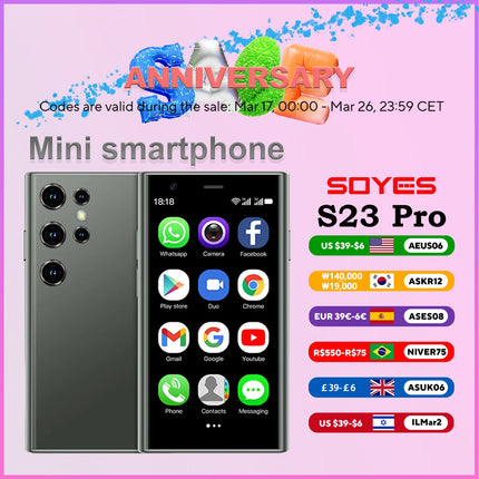SOYES S23 Pro Mini Smartphones Android 8.1 Dual SIM 3.0'' HD 1000mAh Battery WIFI Bluetooth 3G Small Mobile Phone