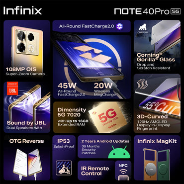 Global Version infinix Note 40 Pro 5G Smartphone 6.78" 120Hz AMOLED Display 108MP AI Camera 45W Charge 256GB NFC Cellphone