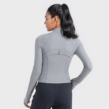 Ribbed Full Zipper Jacket Yoga Sport Top Long-Sleeved with Pocket Gym Coat Fitness Cycling Sweatshirt Run Woman Workout Clothing