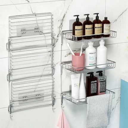 Metallic Hanging Bathroom Organizer, No Drilling, Shower Shelf for Hanging, Stainless Steel Shower Basket, Shower Rail with 3-Tier Basket, Foldable and Removable