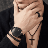Men's 4-in-1 Watch and Jewelry Set Black Calendar Watch Rings Bracelet Necklace Titanium Steel Cross