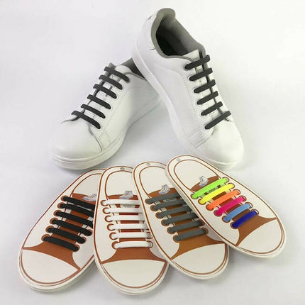 Silicone Shoelaces Set of 12pcs, Tieless Stretchy Flat Elastic Silicone Shoe Laces, Easy Lacing for Athletic, Sneakers, Board & Casual Shoes