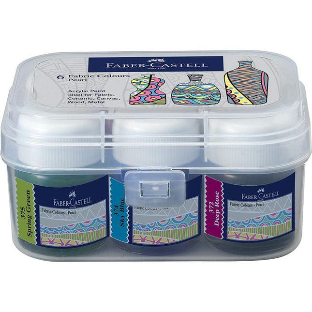Faber Castell 6 Fabric Colours Pearl Set, Acrylic Paint Ideal For Fabric, Ceramic, Canvas, Wood, Metal. White; Grey; Golden Yellow; Deep Rose; Sky Blue; Spring Green