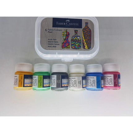 Faber Castell 6 Fabric Colours Pearl Set, Acrylic Paint Ideal For Fabric, Ceramic, Canvas, Wood, Metal. White; Grey; Golden Yellow; Deep Rose; Sky Blue; Spring Green
