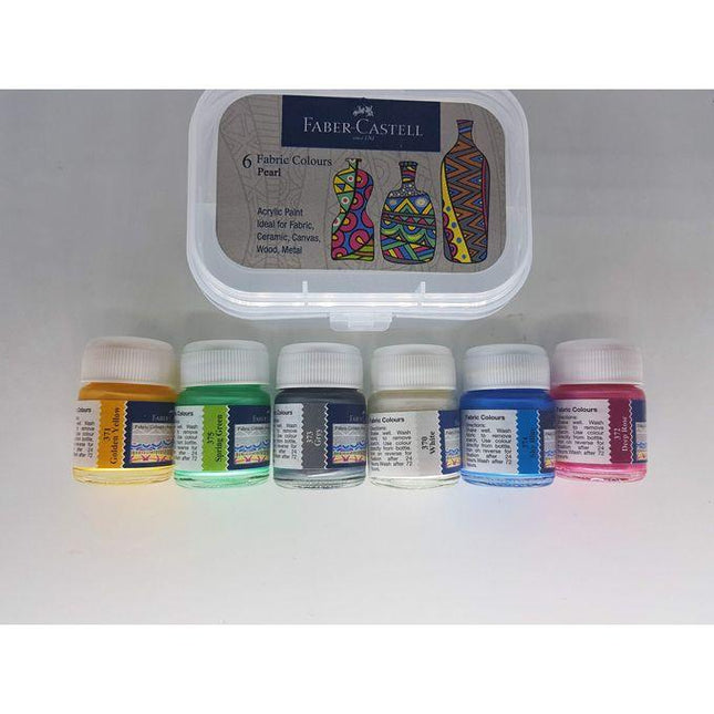Faber Castell 6 Fabric Colours Pearl Set, Acrylic Paint Ideal For Fabric, Ceramic, Canvas, Wood, Metal. White; Grey; Golden Yellow; Deep Rose; Sky Blue; Spring Green