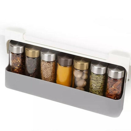 7pc Under Shelf Spice Holder Rack, Clear Spice Cans with Black Lids, Under-Shelf Spice Jar Organizer Drawer