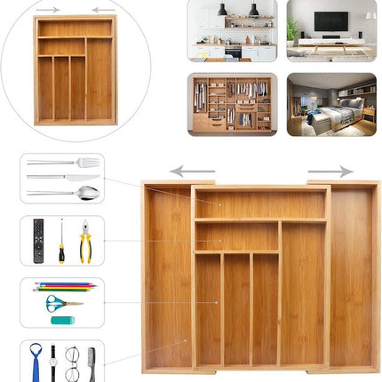 Multifunctional Bamboo Drawer Organizer, Extendable Bamboo Cutlery Tray, Adjustable Compartments Utensil Holder