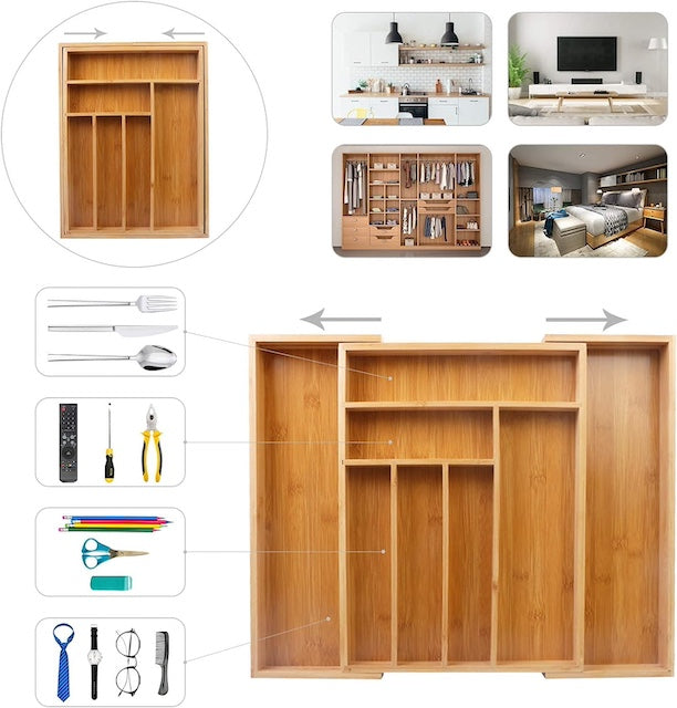 Multifunctional Bamboo Drawer Organizer, Extendable Bamboo Cutlery Tray, Adjustable Compartments Utensil Holder