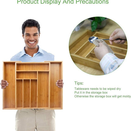 Multifunctional Bamboo Drawer Organizer, Extendable Bamboo Cutlery Tray, Adjustable Compartments Utensil Holder