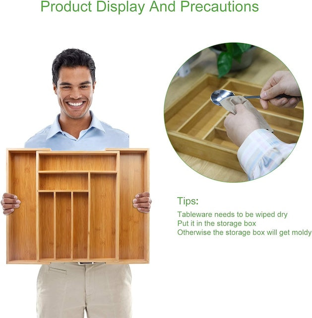 Multifunctional Bamboo Drawer Organizer, Extendable Bamboo Cutlery Tray, Adjustable Compartments Utensil Holder