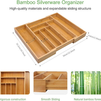Multifunctional Bamboo Drawer Organizer, Extendable Bamboo Cutlery Tray, Adjustable Compartments Utensil Holder