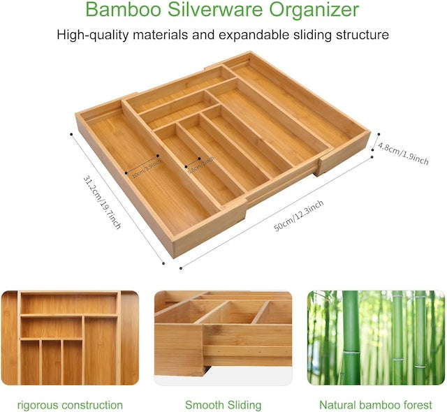 Multifunctional Bamboo Drawer Organizer, Extendable Bamboo Cutlery Tray, Adjustable Compartments Utensil Holder