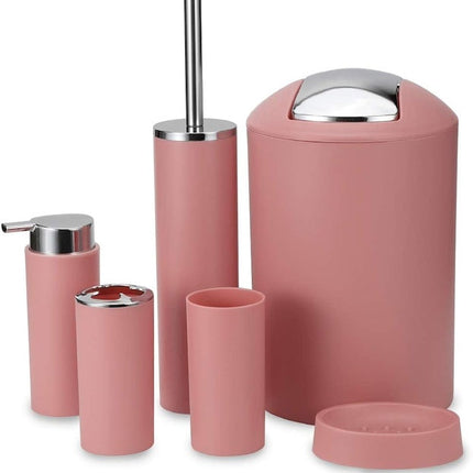6Pcs Bathroom Accessories Set, Bath Ensemble Soap Dish, Trash Can, Toilet Brush with Holder, Tumbler Cup, Toothbrush Holder