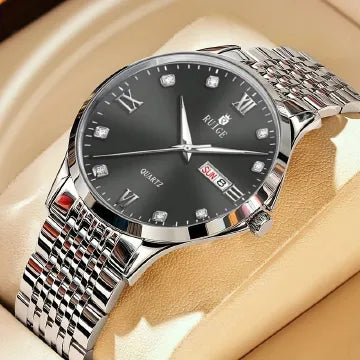 Luxury Men's Stainless Steel Dual Calendar Quartz Business Watch