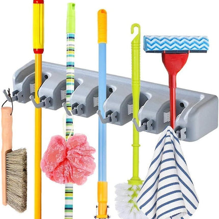 Broom Mop Holder Tidy Organizer, Wall Mounted Organizer with 5 Position 6 Hooks for Brush Mop and Broom Tool Storage