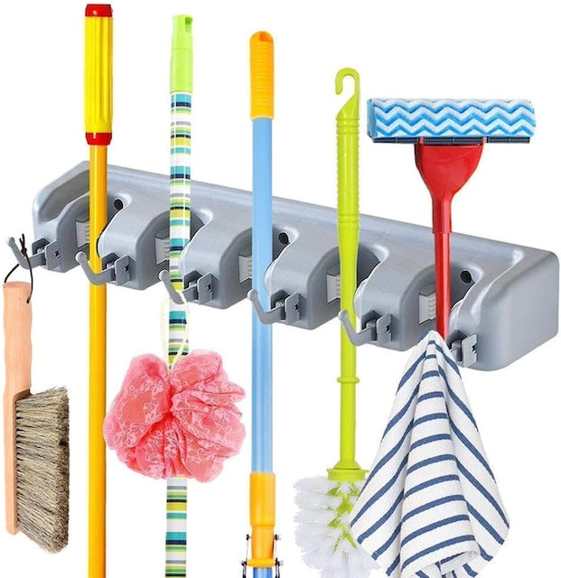 Broom Mop Holder Tidy Organizer, Wall Mounted Organizer with 5 Position 6 Hooks for Brush Mop and Broom Tool Storage