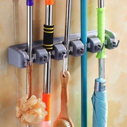 Broom Mop Holder Tidy Organizer, Wall Mounted Organizer with 5 Position 6 Hooks for Brush Mop and Broom Tool Storage