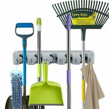 Broom Mop Holder Tidy Organizer, Wall Mounted Organizer with 5 Position 6 Hooks for Brush Mop and Broom Tool Storage