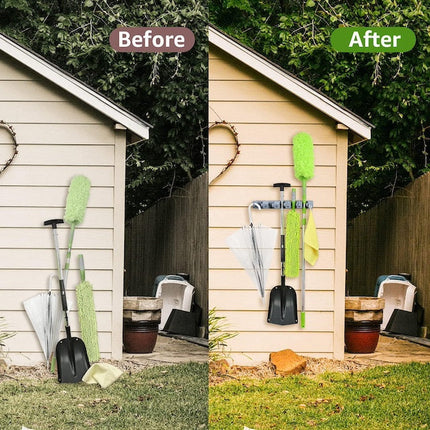 Broom Mop Holder Tidy Organizer, Wall Mounted Organizer with 5 Position 6 Hooks for Brush Mop and Broom Tool Storage