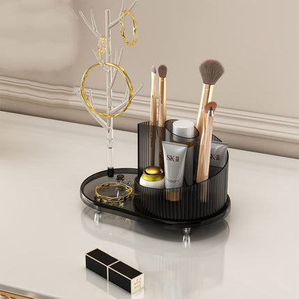 Rotating Makeup Organizer With Jewelry Storage  Large Capacity Cosmetic Display Case Holds 20 Brushes, 10 Lipsticks, 8 Skincare Products 360 Spinning Vanity Organizer For Countertop & Bathroom