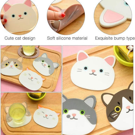 Cat Silicon Coaster, Decorative Cat Coasters, Cute Cartoon Cats Drink Coasters, Table Coasters for Wine, Glass, Tea, Drinks
