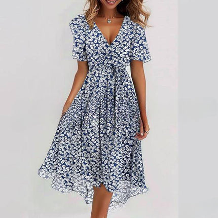 Flowers Printed V-neck Dress Summer A-line Short-sleeved Dresses For Women