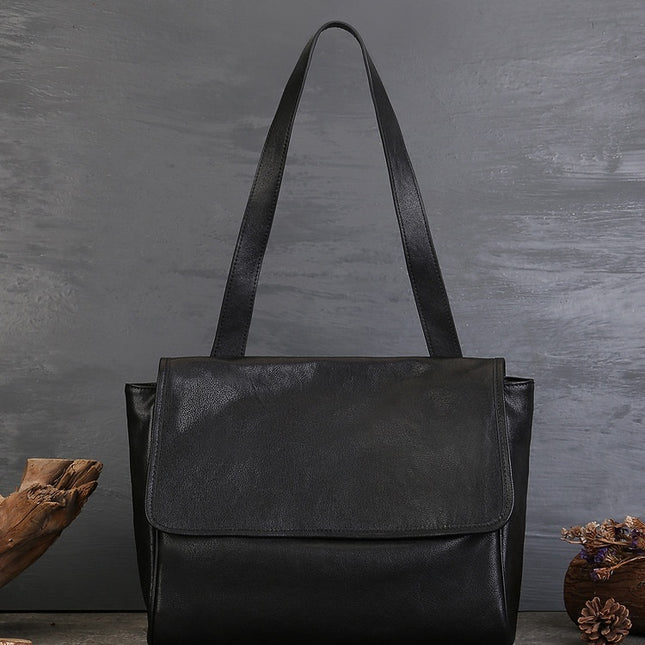 Solid Color Cowhide Tote Bag Simple Commute Shoulder Messenger Bag For Women