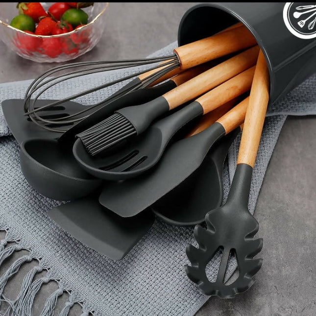 11pc Silicone Spoon Set Wooden Handle High Temperature Resistance Utensil Set