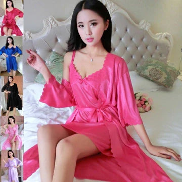 Elegant 2-Piece Satin Lace Women's Nightwear Set - Slip Dress & Robe