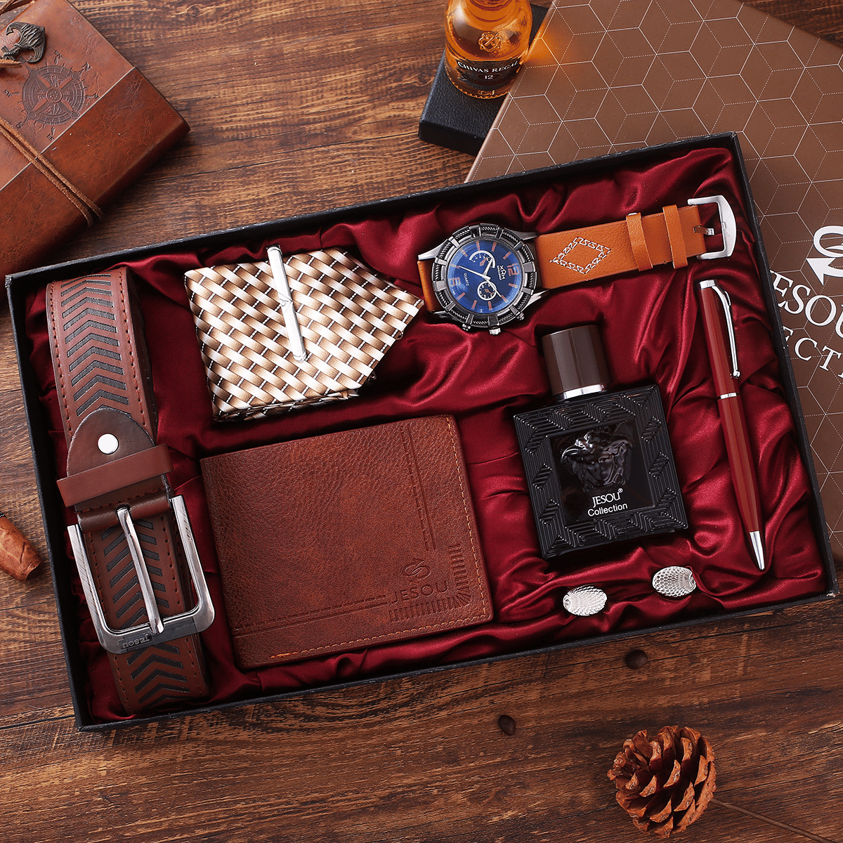 7-Piece Men's Luxury Gift Set: Watch, Belt, Wallet, Perfume, Pen, Tie, Cufflinks