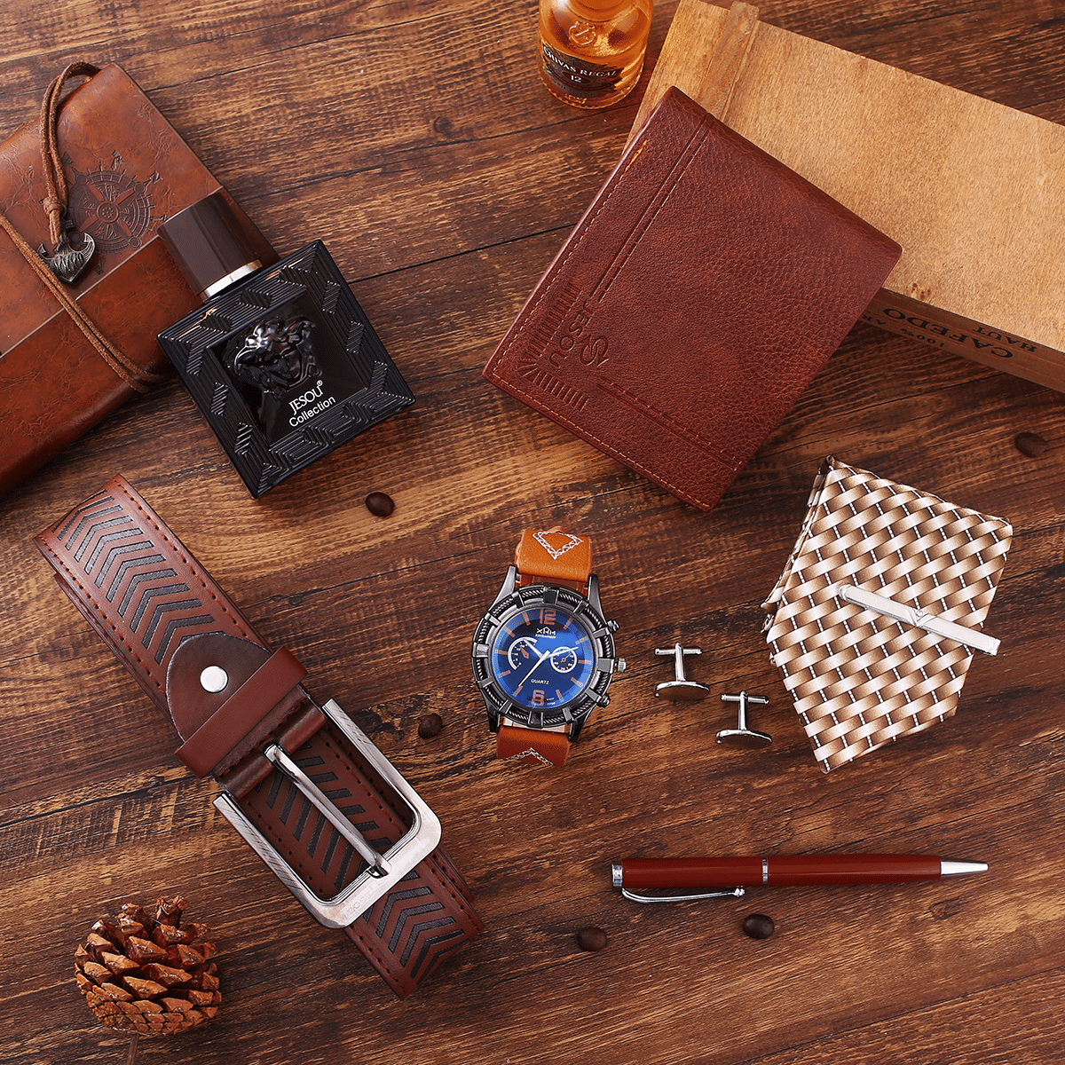 7-Piece Men's Luxury Gift Set: Watch, Belt, Wallet, Perfume, Pen, Tie, Cufflinks