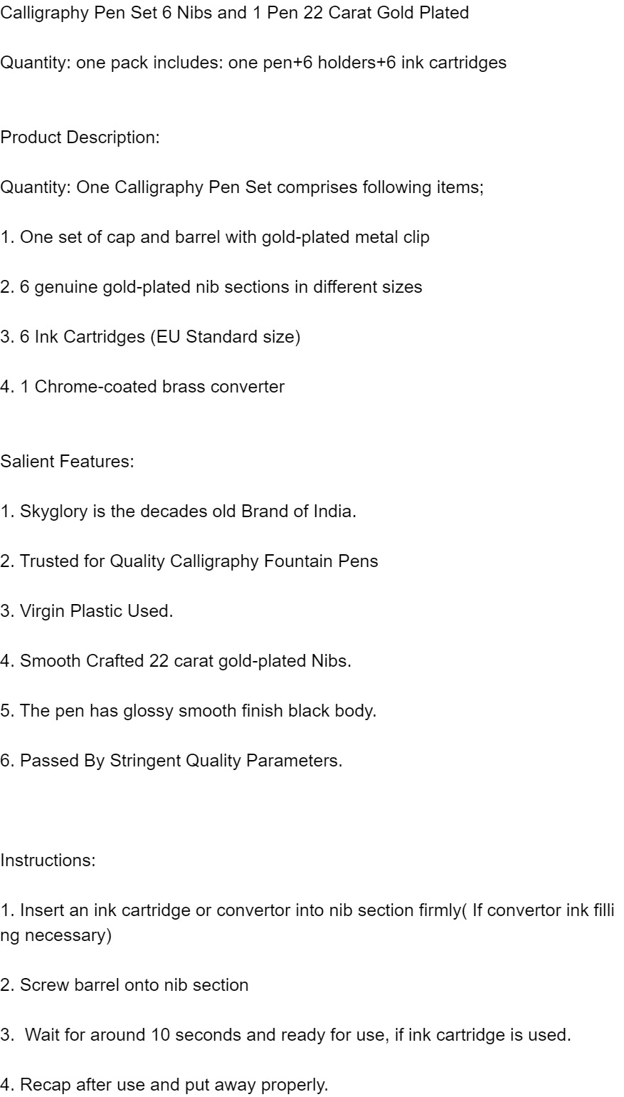 Skyglory Calligraphy Pen 6-Nib Set with 22 Carat Gold-Plated Nibs