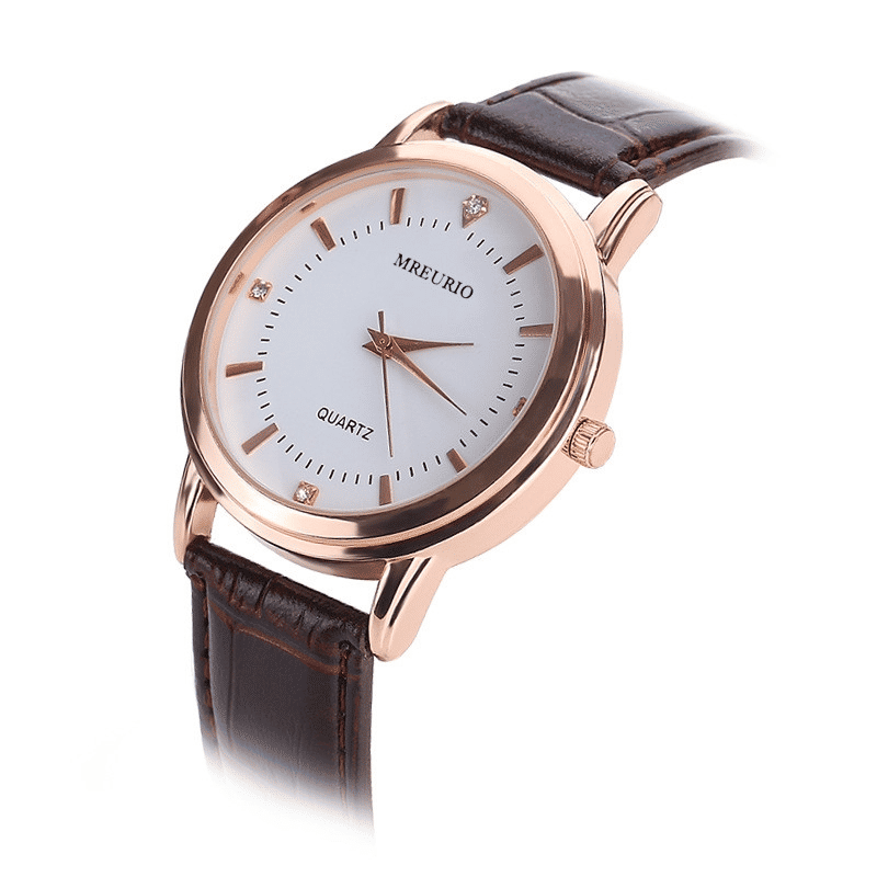 Elegant Brown Leather Strap Couple Quartz Watches - Fashionable Lover Gift Set