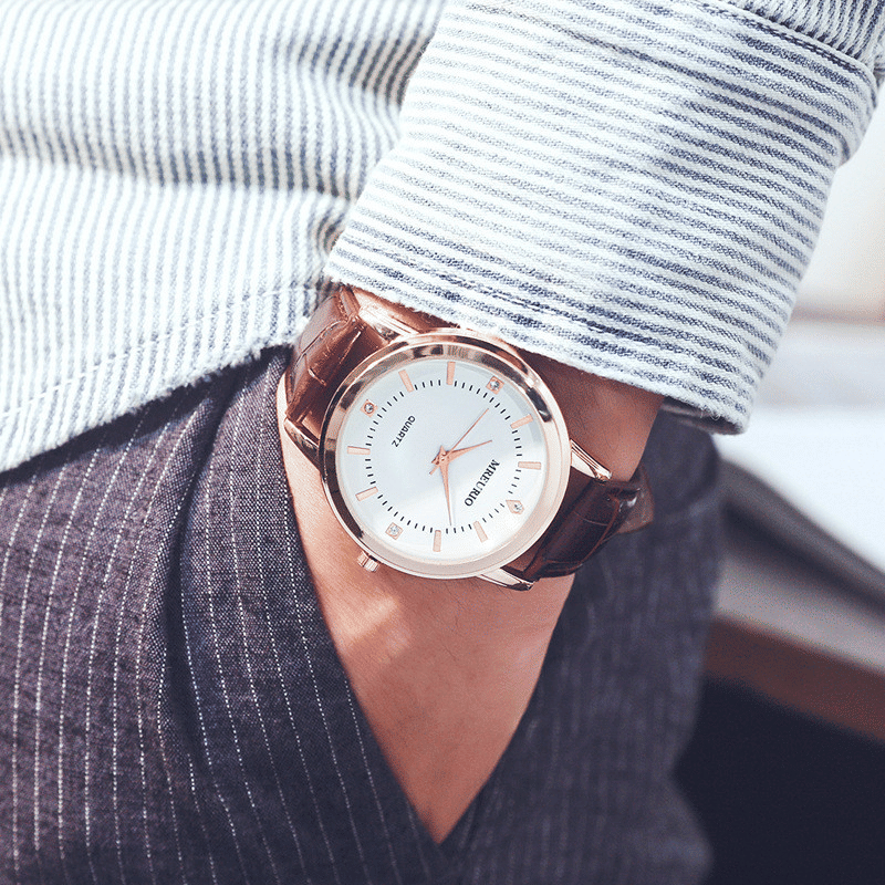 Elegant Brown Leather Strap Couple Quartz Watches - Fashionable Lover Gift Set