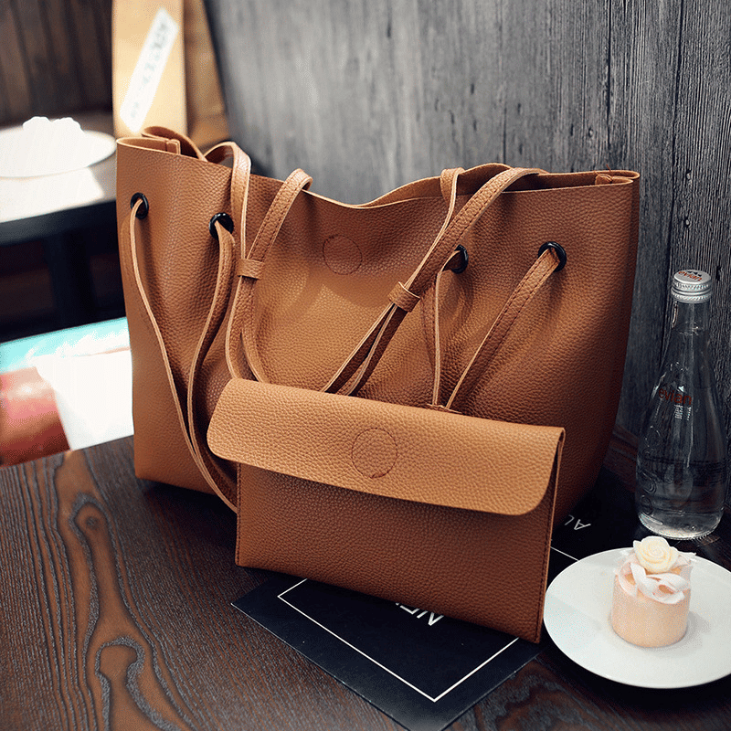 Women's 2-Piece Large PU Leather Tote & Shoulder Bag Set - Soft, Stylish, Versatile