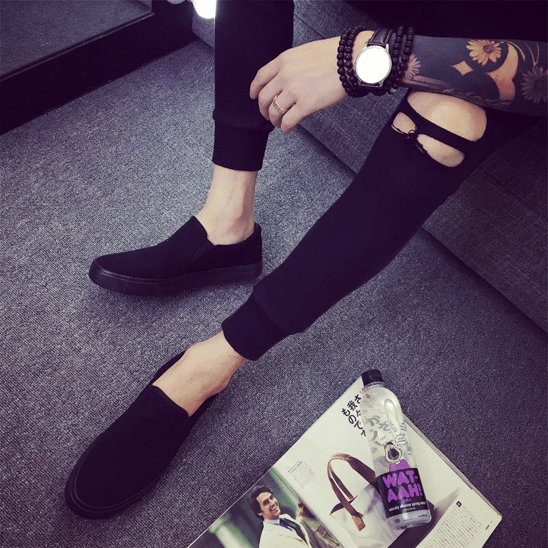 Men's Classic Black Canvas Loafers - Comfortable Slip-On Casual Flat Shoes