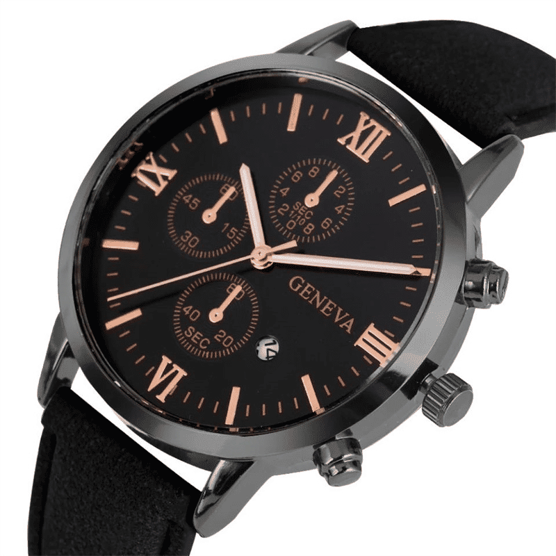 Men's Personality Black Quartz Watch and Brown Leather Bracelet Set