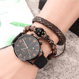 Men's Personality Black Quartz Watch and Brown Leather Bracelet Set