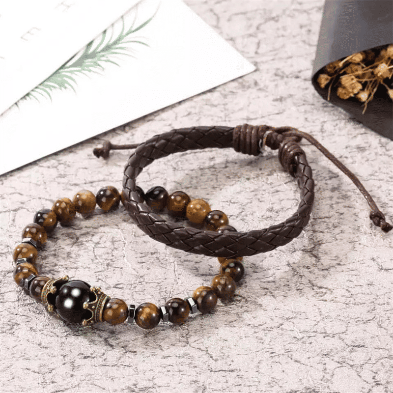 Men's Personality Black Quartz Watch and Brown Leather Bracelet Set