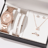 Women's Watch Jewelry 6-Piece Set Rose Gold Quartz Watch Bracelet Necklace Ring Earrings Rhinestone