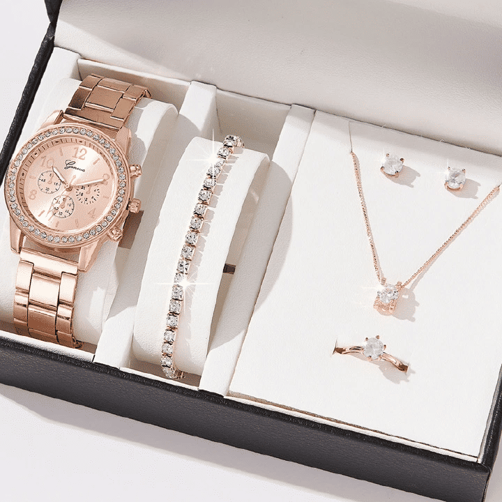 Women's Watch Jewelry 6-Piece Set Rose Gold Quartz Watch Bracelet Necklace Ring Earrings Rhinestone